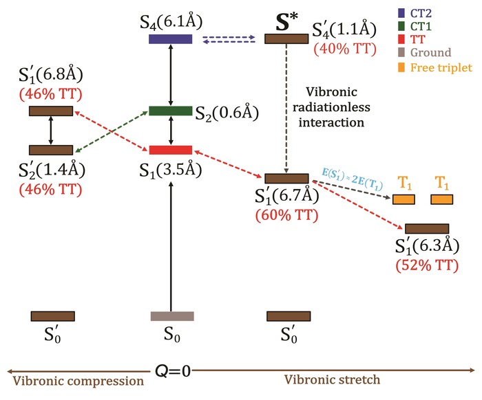 Image 3. Weak charge-transfer state, strong charge-transfer state and strongly correlated triplet-triplet pair states must interact in different vibronic regions of compression and stretching. The delocalisation and stabilisation of initial vibronic 1(TT) state leads to the formation of free triplets, facilitating carrier transportation in singlet fission of pentacene. Image credit: Reproduced from Ref. Chem. Sci. 2021 10.1039/d1sc01703a with permission from the Royal Society of Chemistry.